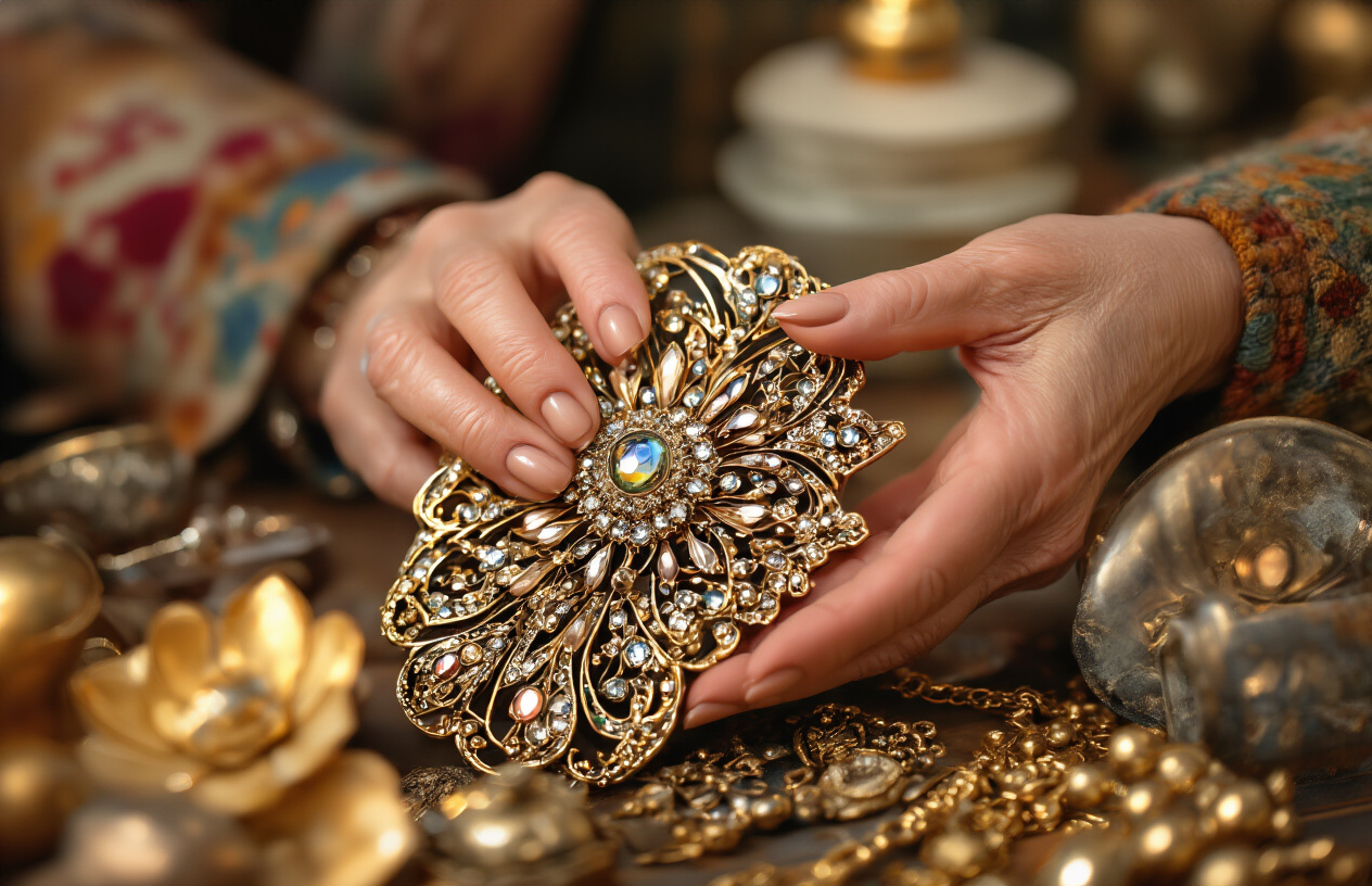 Create a realistic image of a person's hands carefully examining a vintage treasure - an ornate Art Deco brooch with gleaming details against a backdrop of other thrift store items slightly blurred, with warm lighting creating a triumphant glow around the discovered piece.